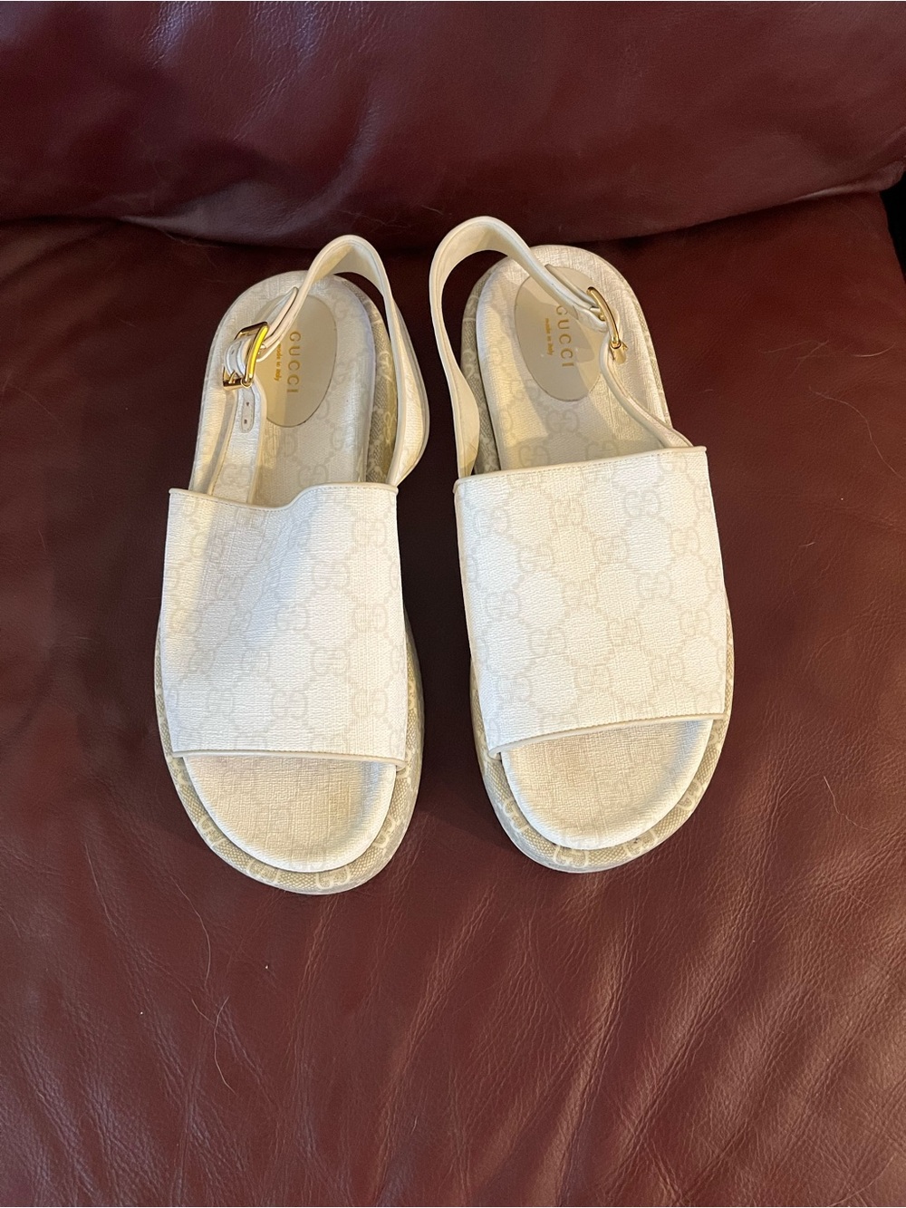 Gucci Supreme GG Women's Beige Slingback Canvas and Leather Platform Sandals
